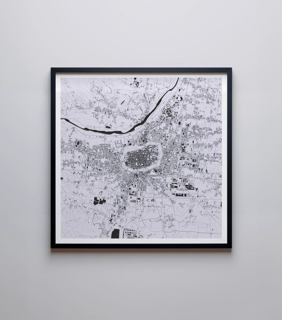 An artistic map of Lucca in SnowStorm, highlighting the beautiful street patterns and waterways with precision and artistic flair, perfect for home decor.