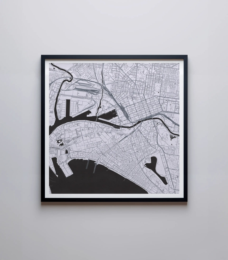 An artistic map of Melbourne in SnowStorm, highlighting the beautiful street patterns and waterways with precision and artistic flair, perfect for home decor.