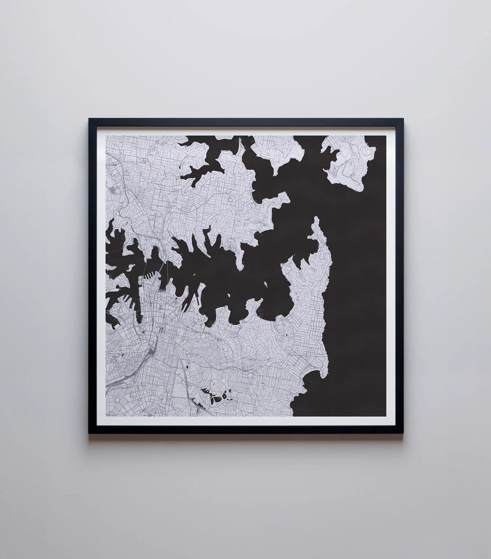 An artistic map of Sydney in SnowStorm, highlighting the beautiful street patterns and waterways with precision and artistic flair, perfect for home decor.