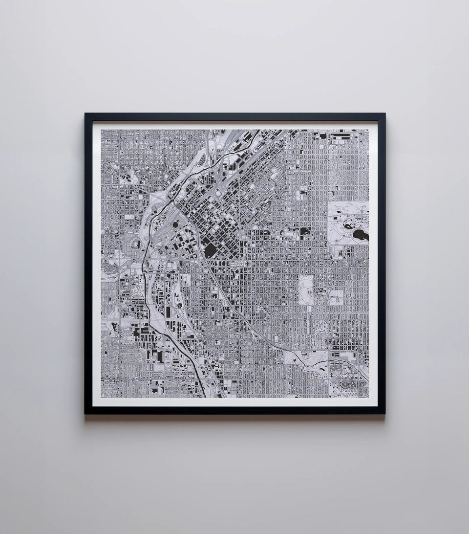 An artistic map of Denver in SnowStorm, highlighting the beautiful street patterns and waterways with precision and artistic flair, perfect for home decor.