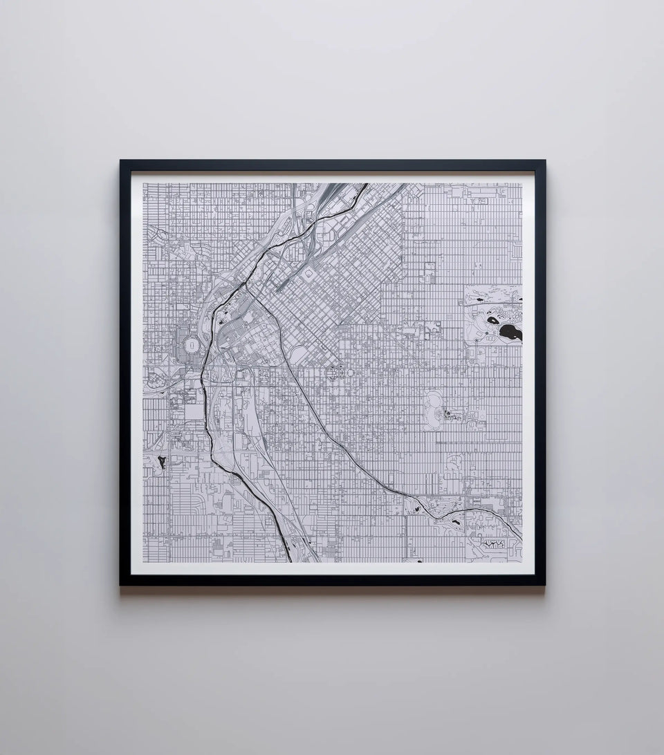 An artistic map of Denver in SnowStorm, highlighting the beautiful street patterns and waterways with precision and artistic flair, perfect for home decor.