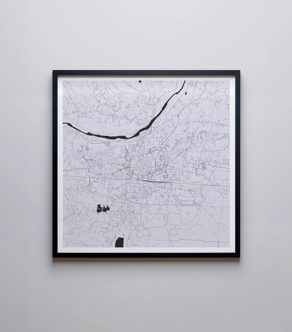An artistic map of Lucca in SnowStorm, highlighting the beautiful street patterns and waterways with precision and artistic flair, perfect for home decor.
