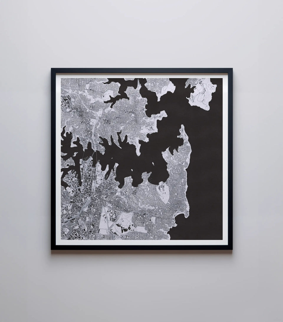 An artistic map of Sydney in SnowStorm, highlighting the beautiful street patterns and waterways with precision and artistic flair, perfect for home decor.